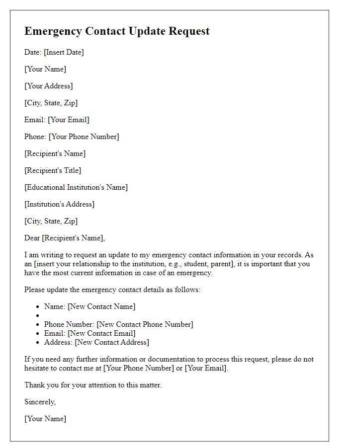 Letter template of emergency contact update request for educational institution