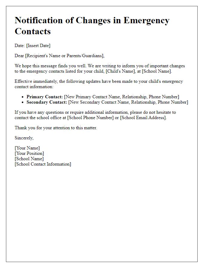 Letter template of notification for changes in school emergency contacts