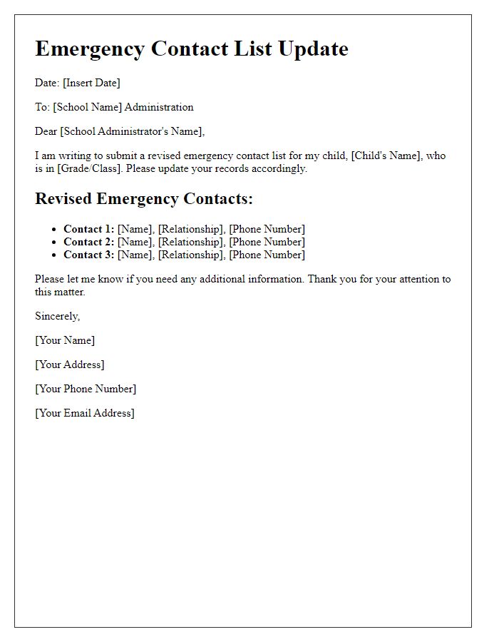 Letter template of revised emergency contact list for school records