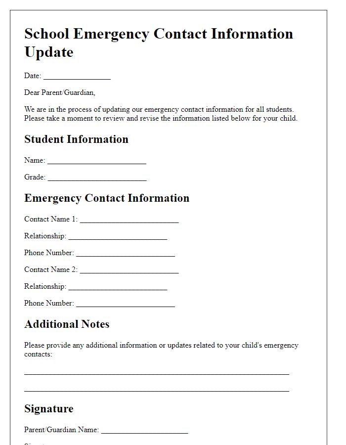 Letter template of school emergency contact information revision