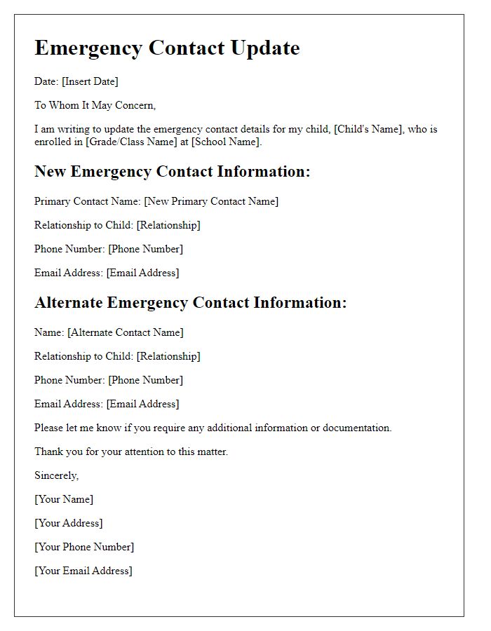 Letter template of updated emergency contact details for school