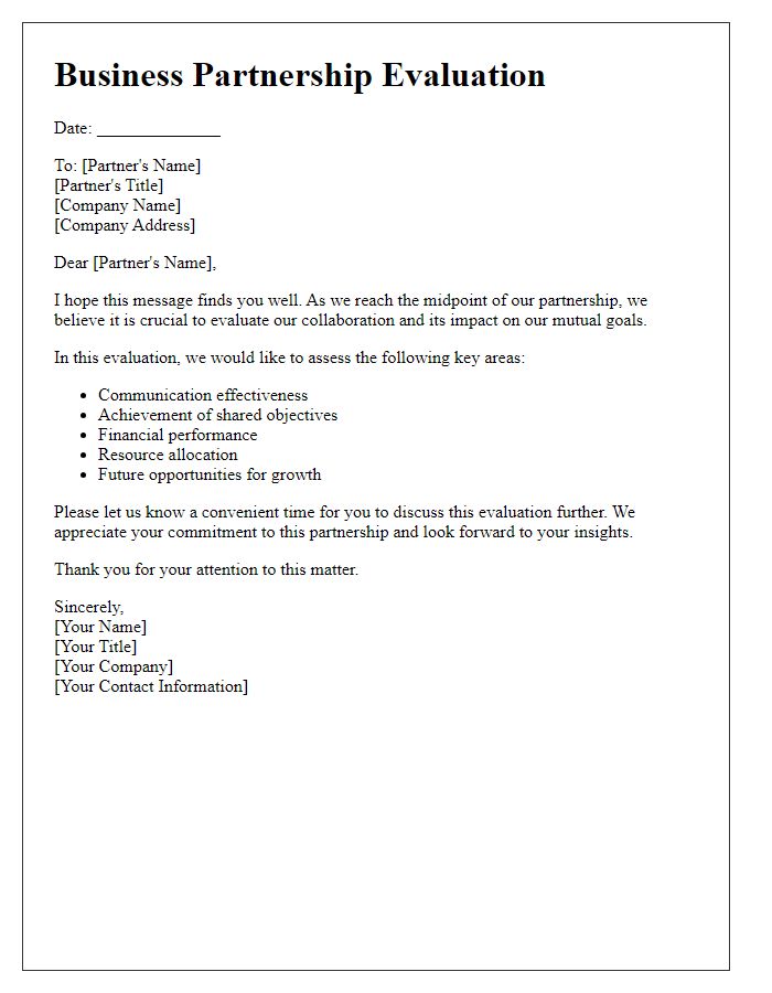 Letter template of business partnership evaluation