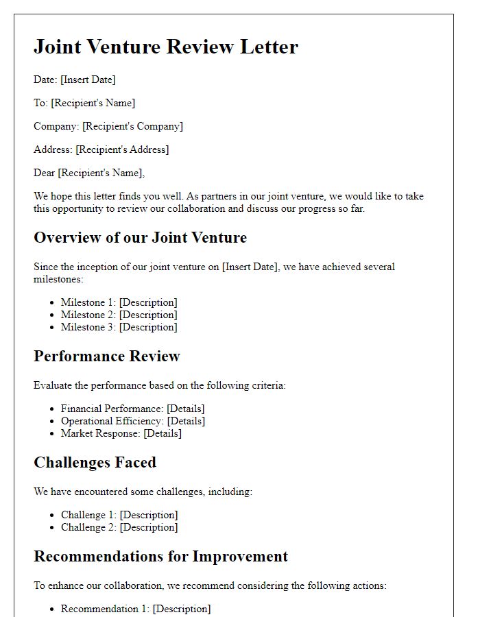 Letter template of joint venture review