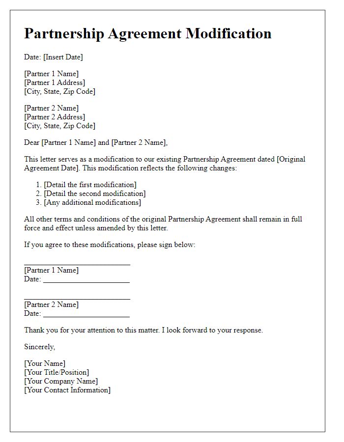 Letter template of Partnership Agreement Modification