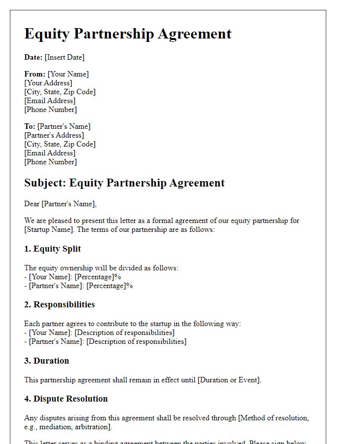 Letter template of equity partnership agreement for startups.