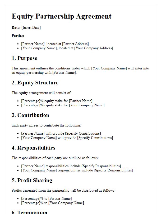 Letter template of equity partnership conditions for tech companies.