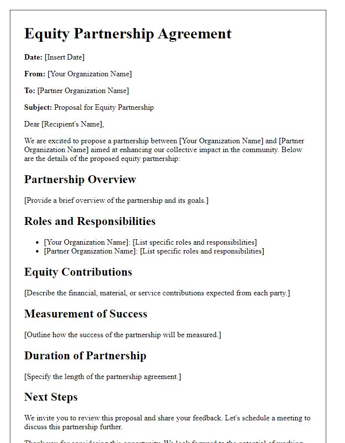 Letter template of equity partnership details for nonprofit organizations.