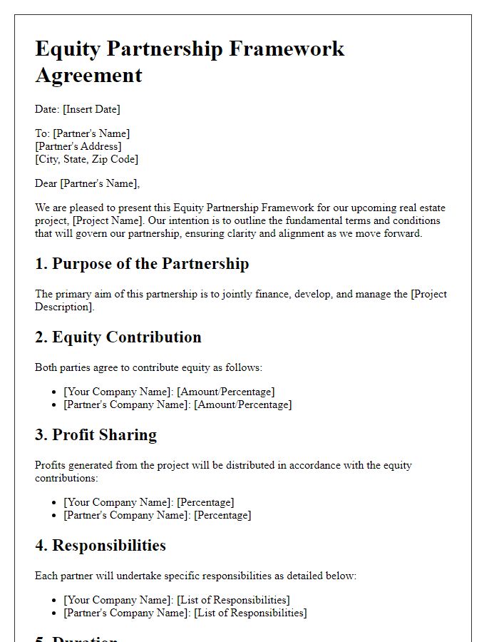 Letter template of equity partnership framework for real estate projects.