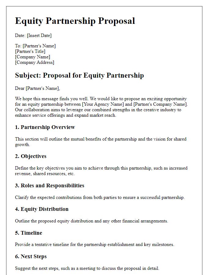 Letter template of equity partnership outline for creative agencies.