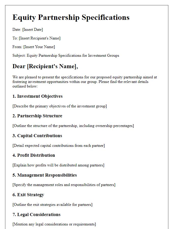 Letter template of equity partnership specifications for investment groups.