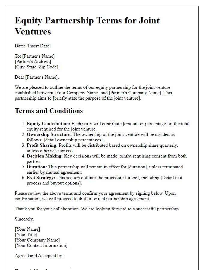 Letter template of equity partnership terms for joint ventures.