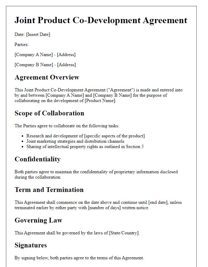 Letter template of agreement for joint product co-development collaboration.