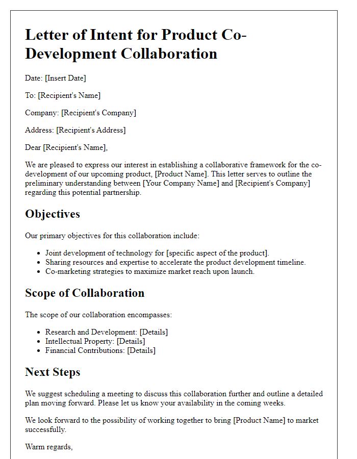 Letter template of framework for product co-development collaboration.