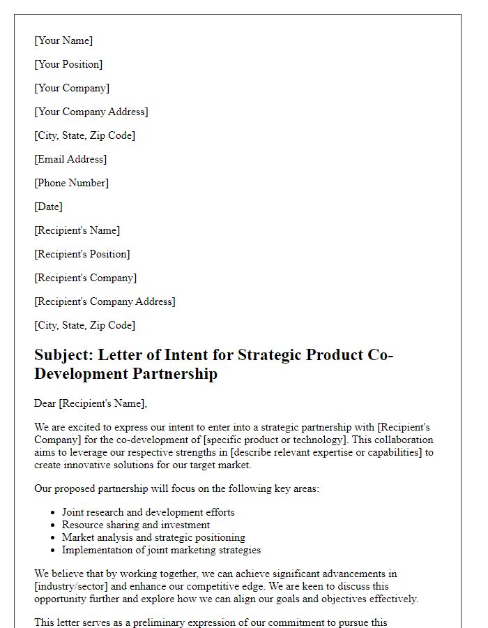 Letter template of intent for strategic product co-development partnership.