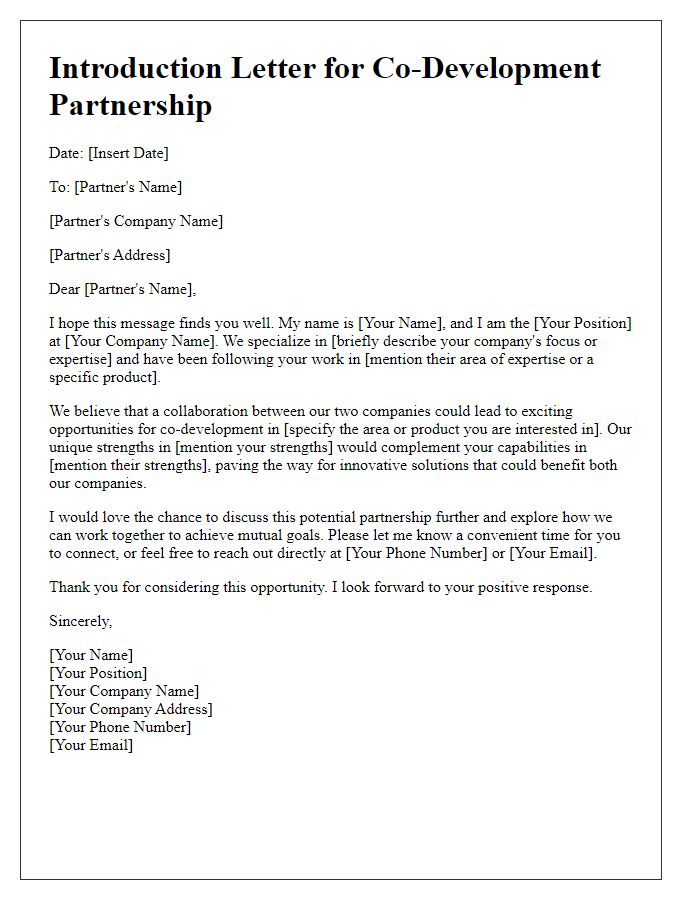 Letter template of introduction for potential product co-development partners.