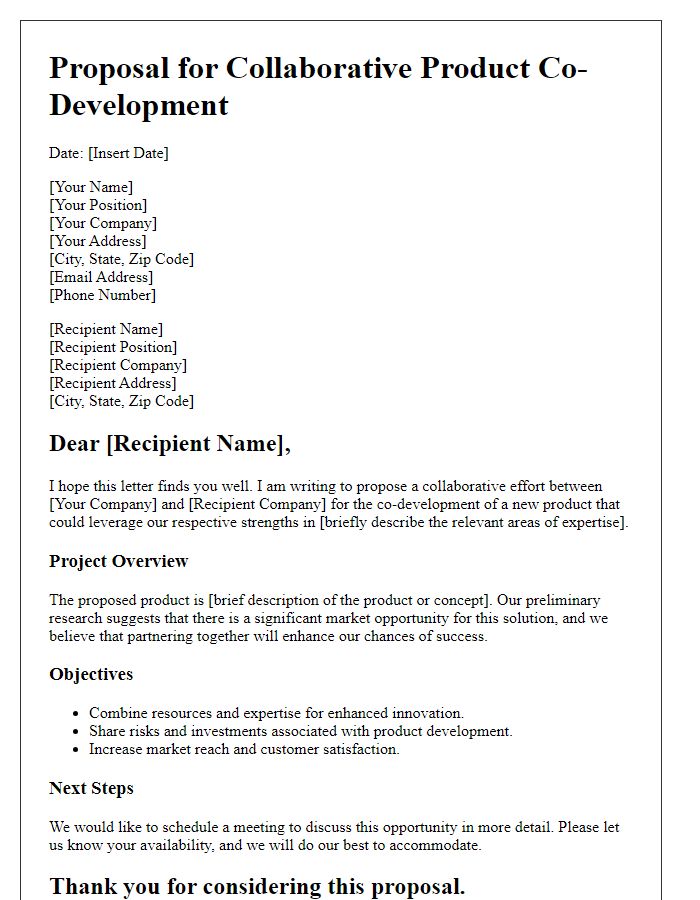 Letter template of proposal for collaborative product co-development.