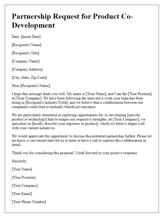 Letter template of request for partnership in product co-development.