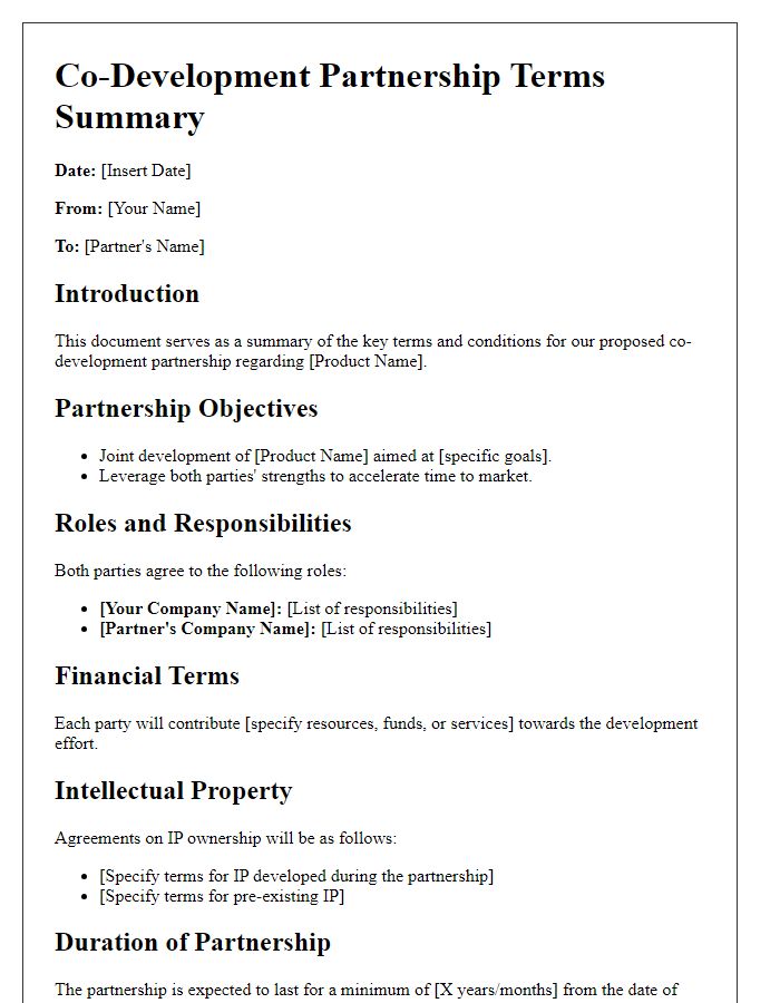 Letter template of summary for product co-development partnership terms.