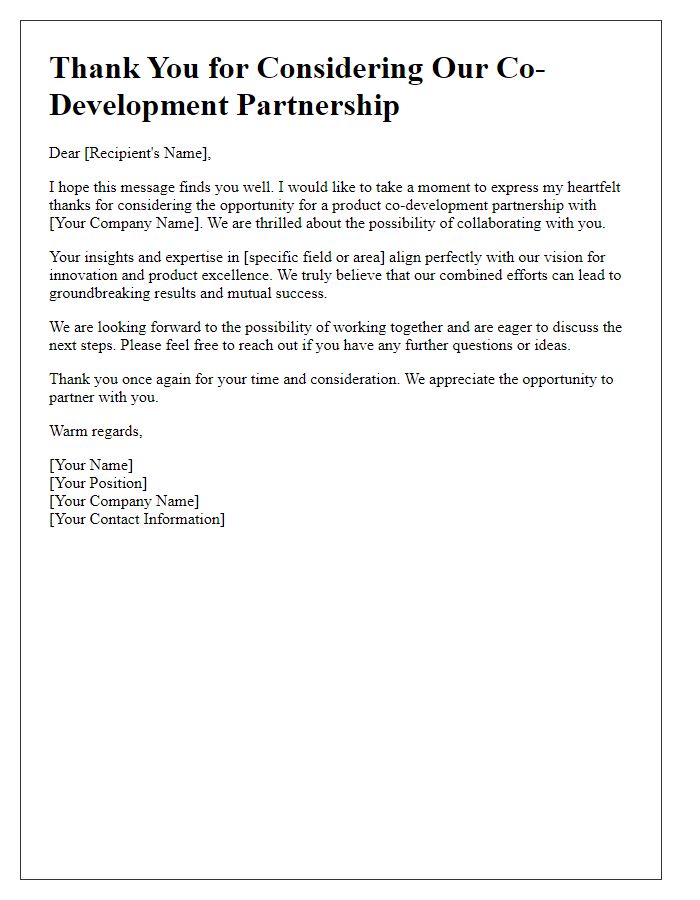 Letter template of thank you for considering product co-development partnership.