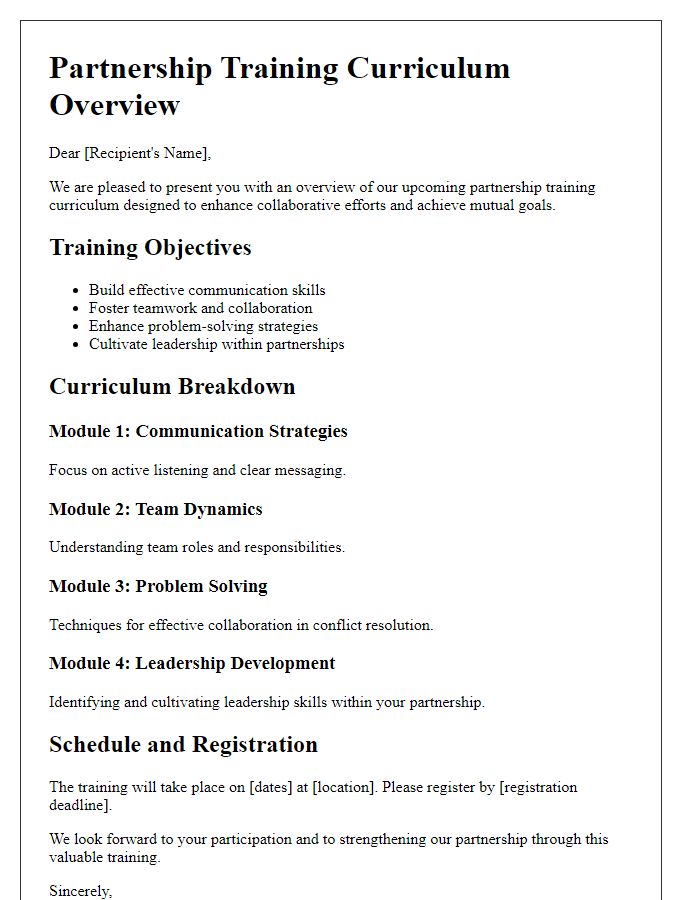 Letter template of partnership training curriculum overview