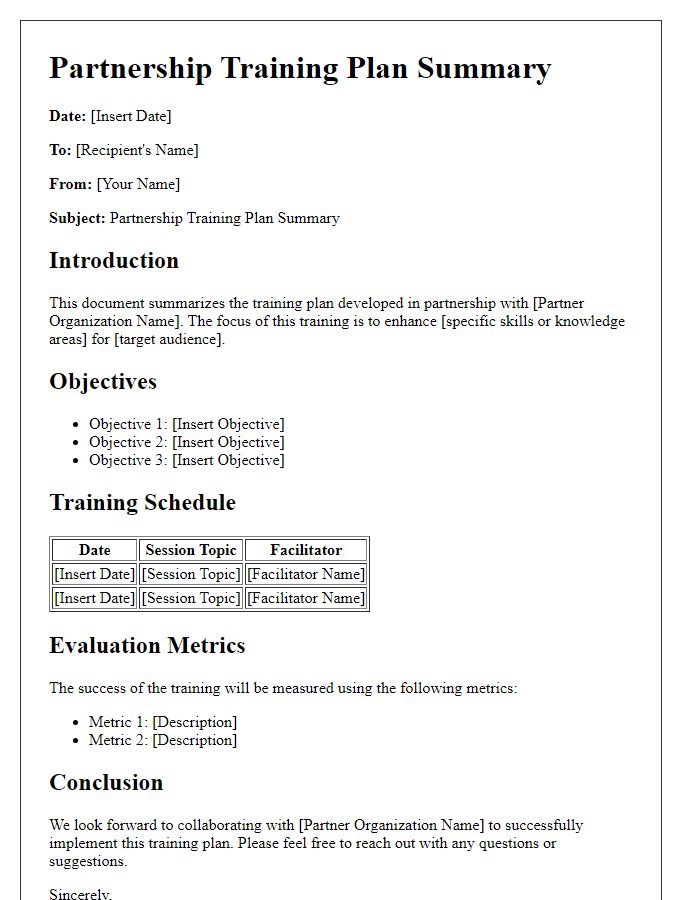 Letter template of partnership training plan summary