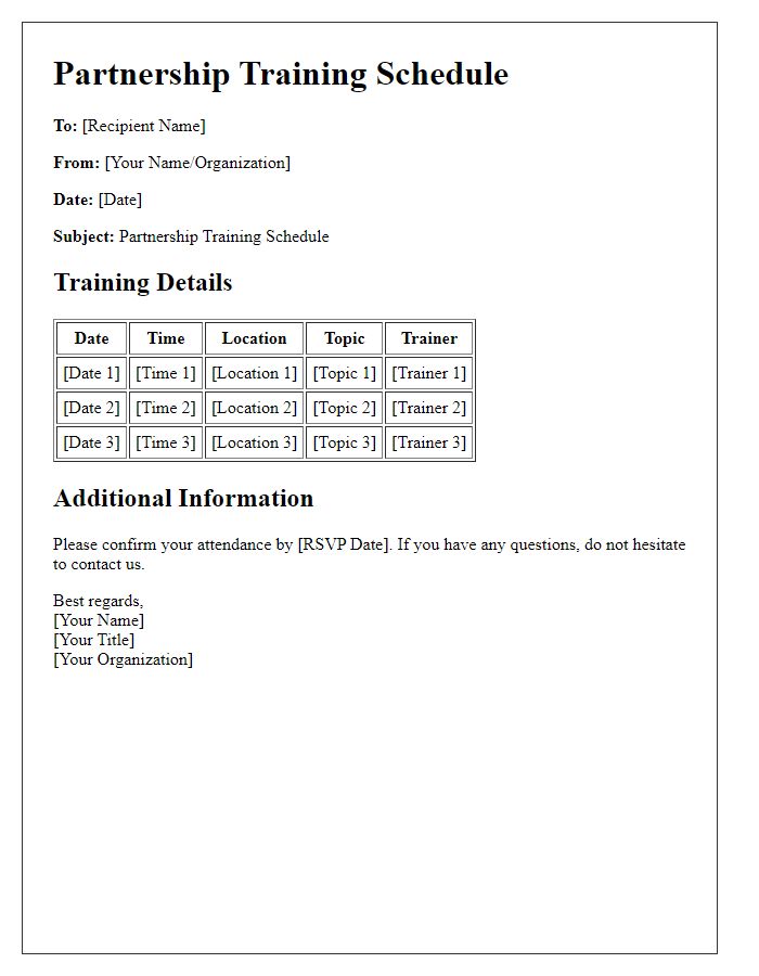 Letter template of partnership training schedule format