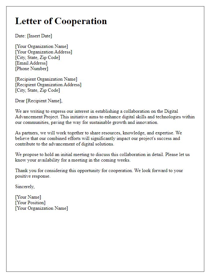 Letter template of cooperation for digital advancement project