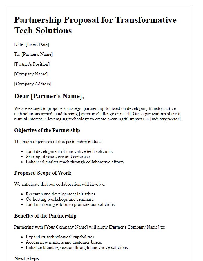 Letter template of partnership outline for transformative tech solutions