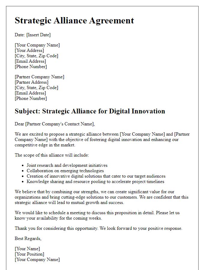 Letter template of strategic alliance for digital innovation