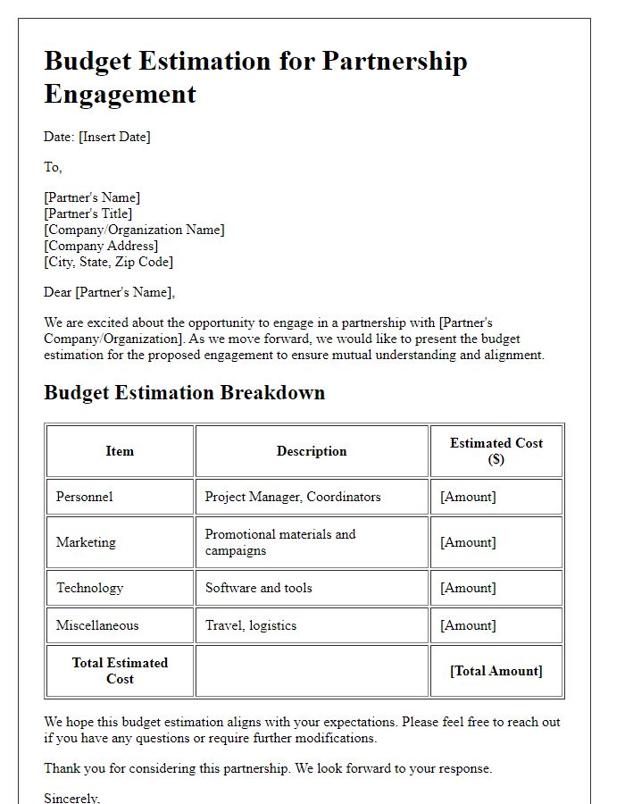 Letter template of budget estimation for partnership engagement