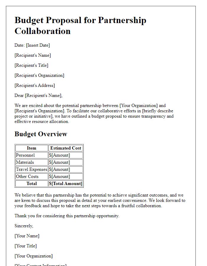 Letter template of budget proposal for partnership collaboration