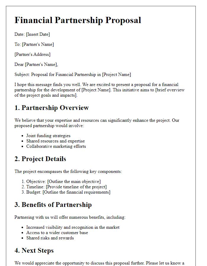 Letter template of financial partnership outline for project development