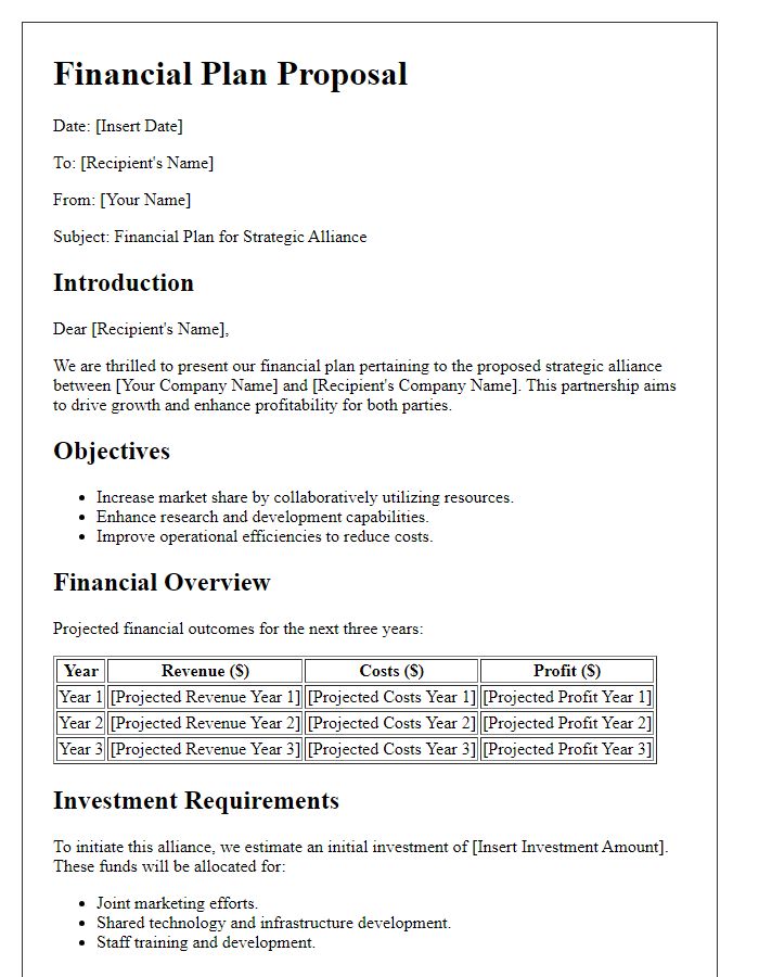 Letter template of financial plan for strategic alliance