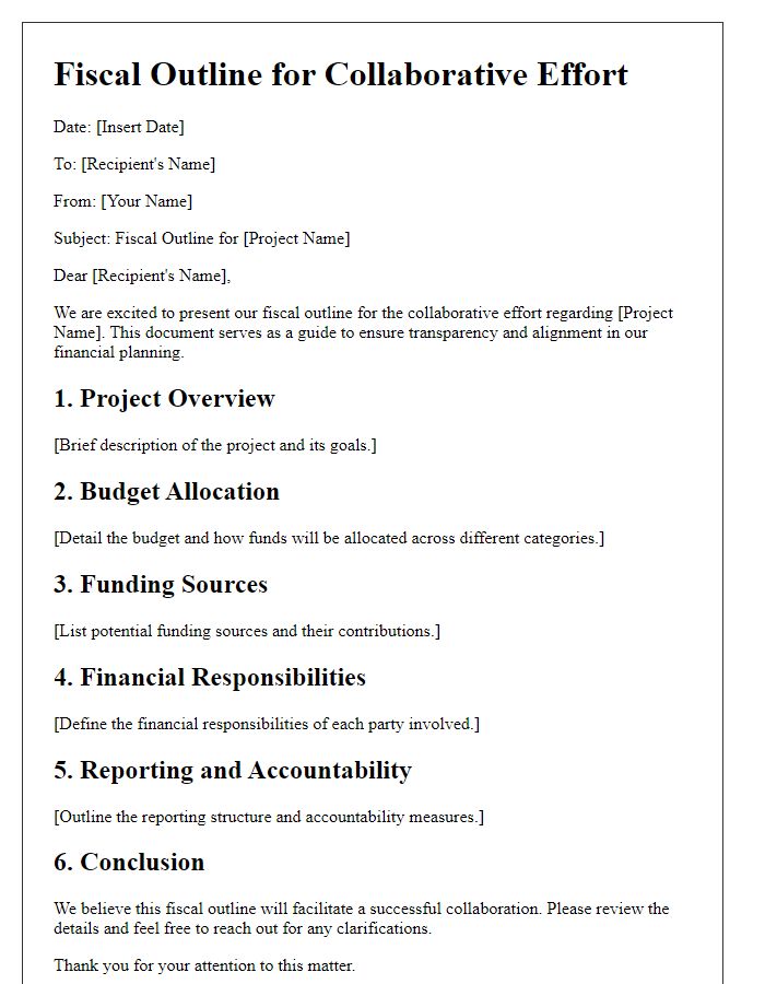 Letter template of fiscal outline for collaborative effort