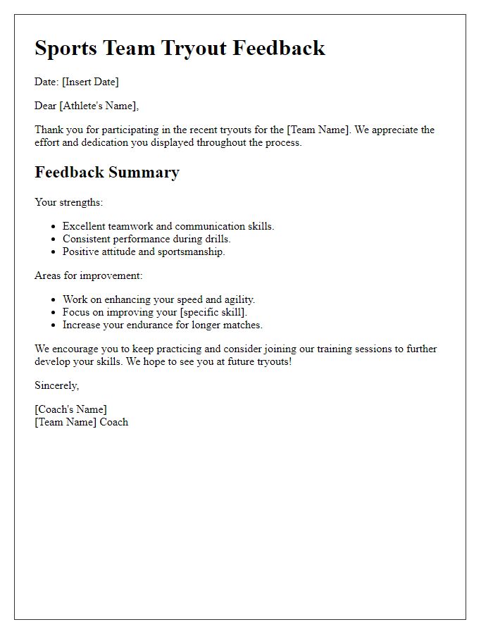 Letter template of sports team tryout feedback