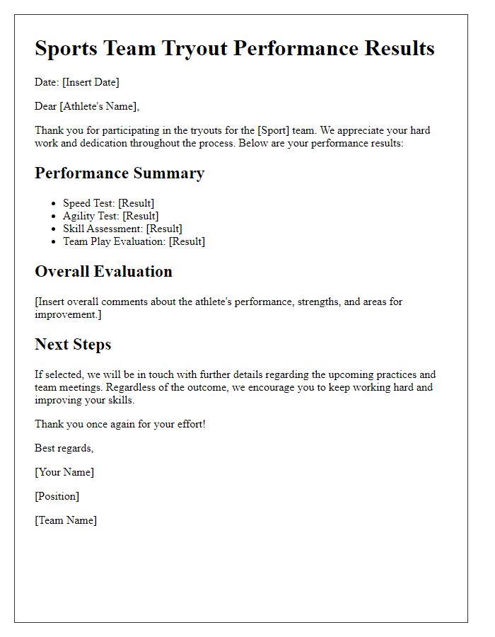 Letter template of sports team tryout performance results