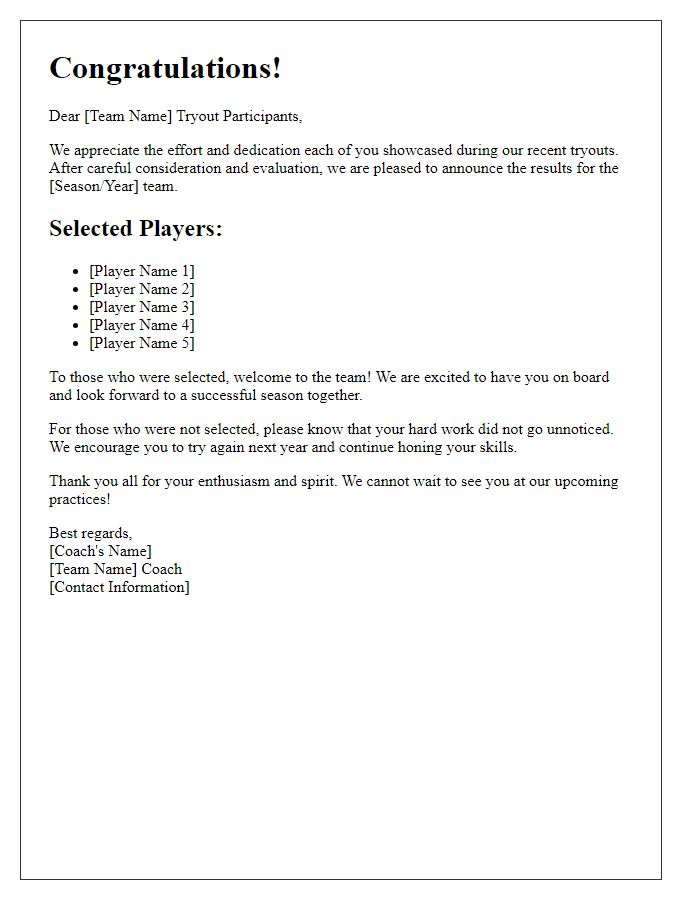 Letter template of sports team tryout result announcement