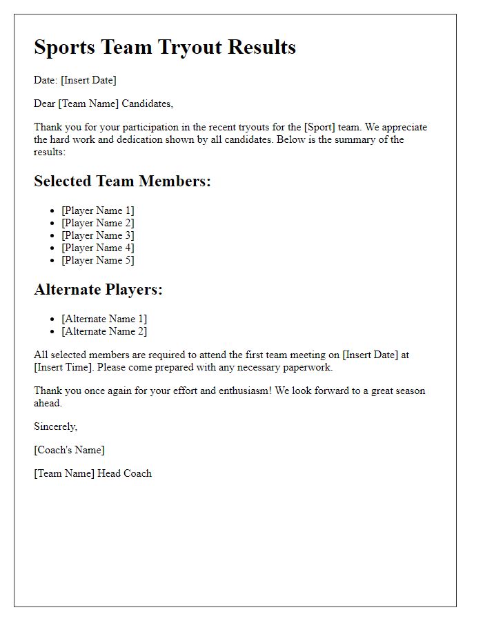 Letter template of sports team tryout results summary