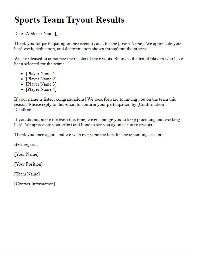 Letter template of sports team tryout results update