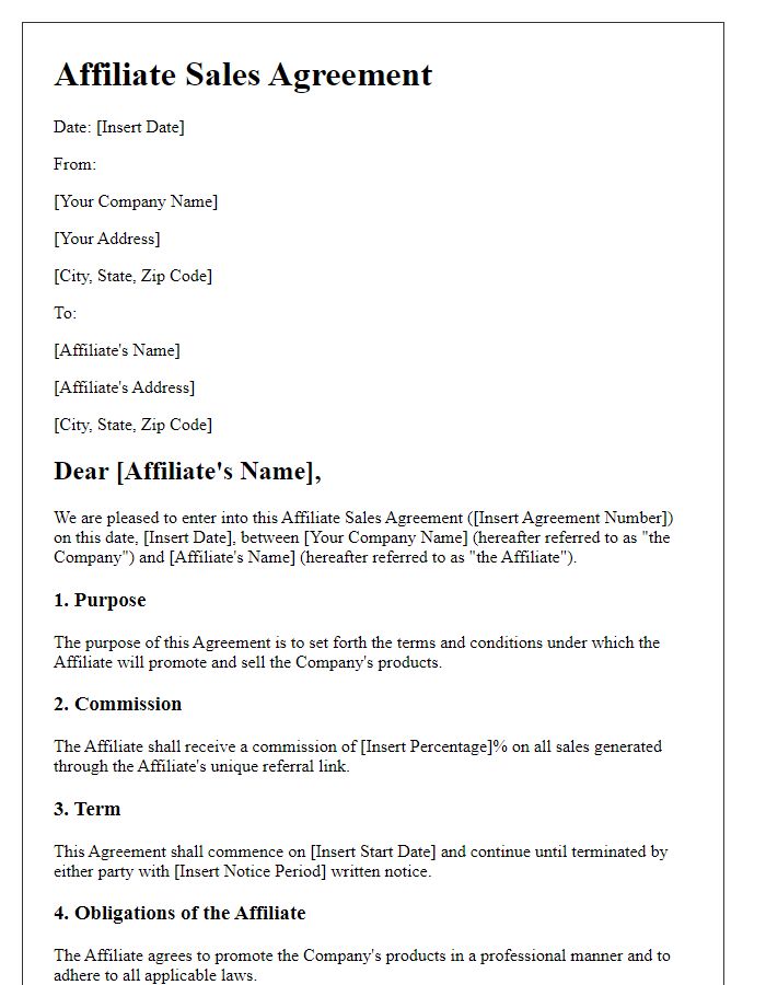 Letter template of Affiliate Sales Agreement