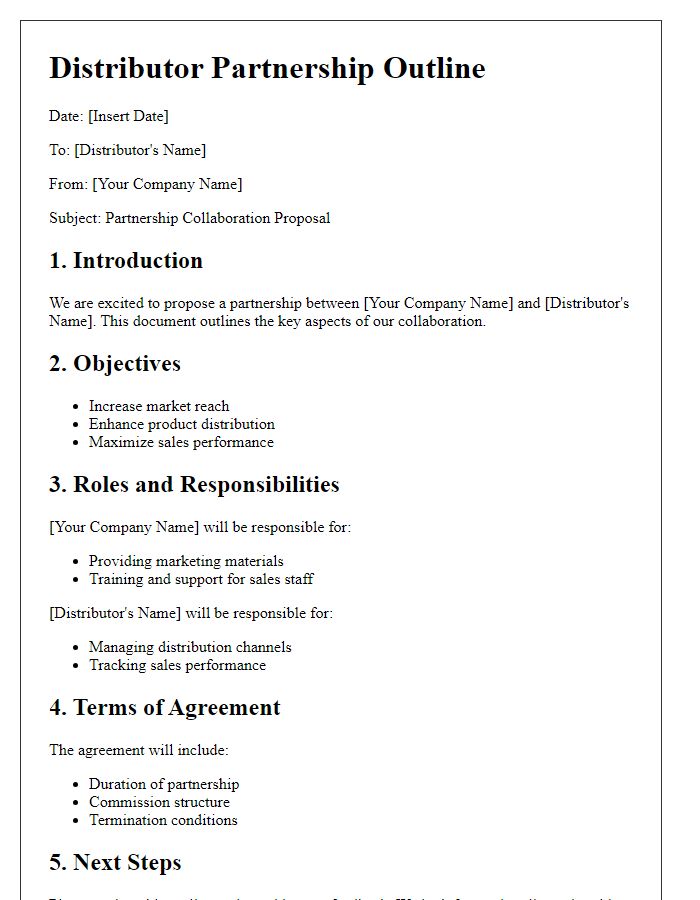 Letter template of Distributor Partnership Outline