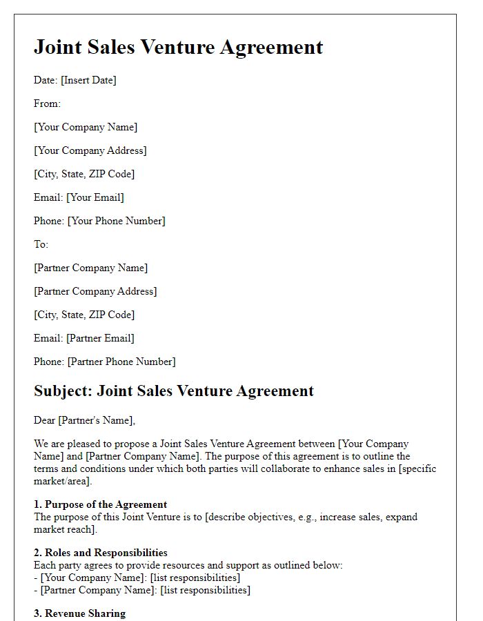 Letter template of Joint Sales Venture Agreement