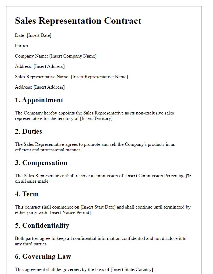 Letter template of Sales Representation Contract