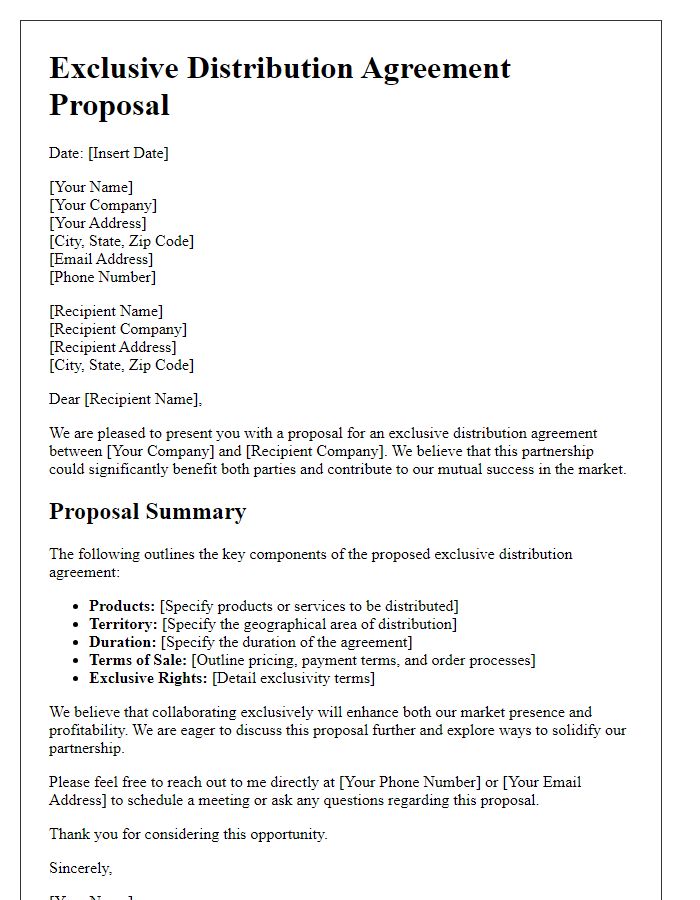 Letter template of exclusive distribution agreement proposal