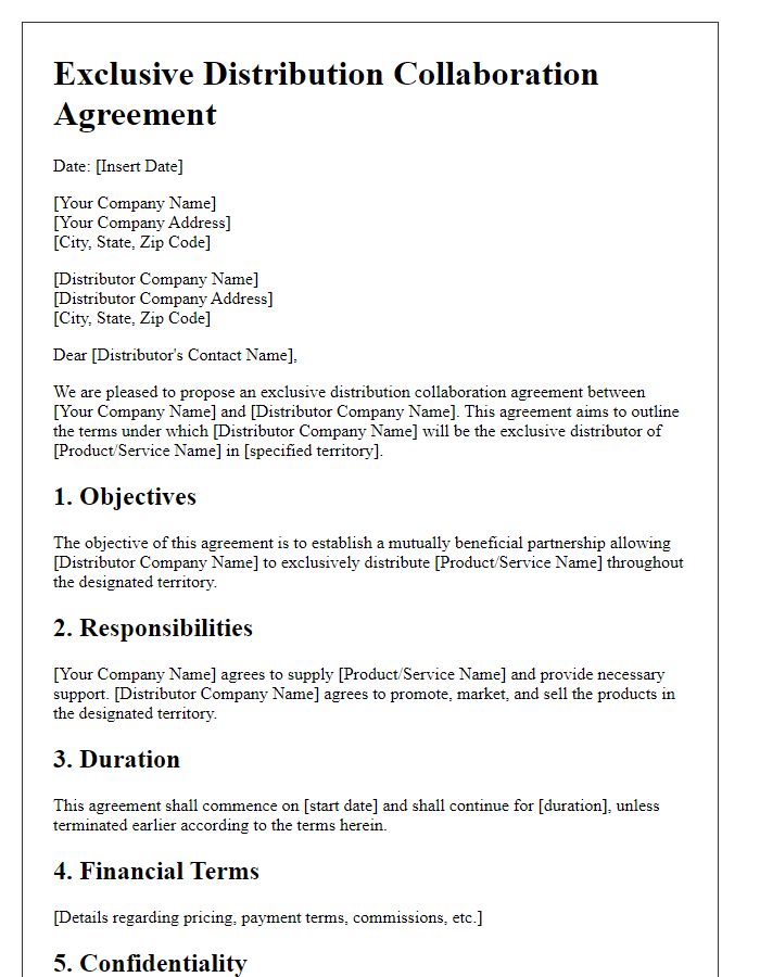 Letter template of exclusive distribution collaboration agreement