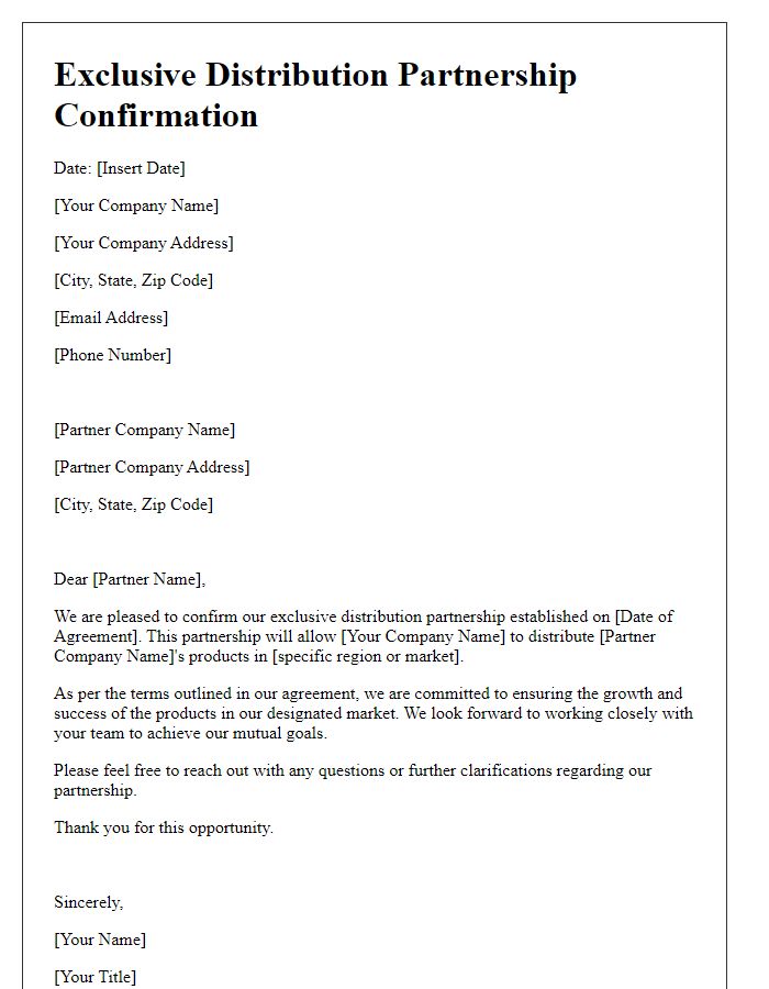 Letter template of exclusive distribution partnership confirmation