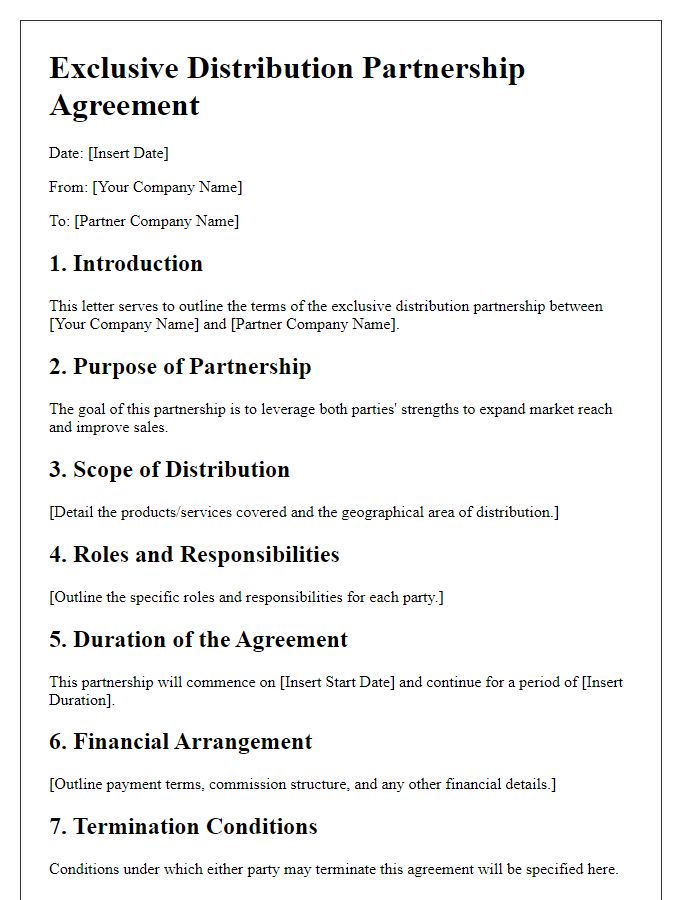 Letter template of exclusive distribution partnership outline