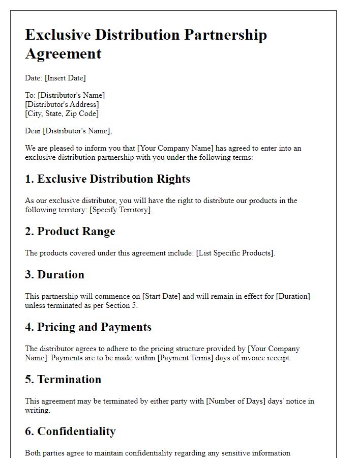 Letter template of exclusive distribution partnership terms