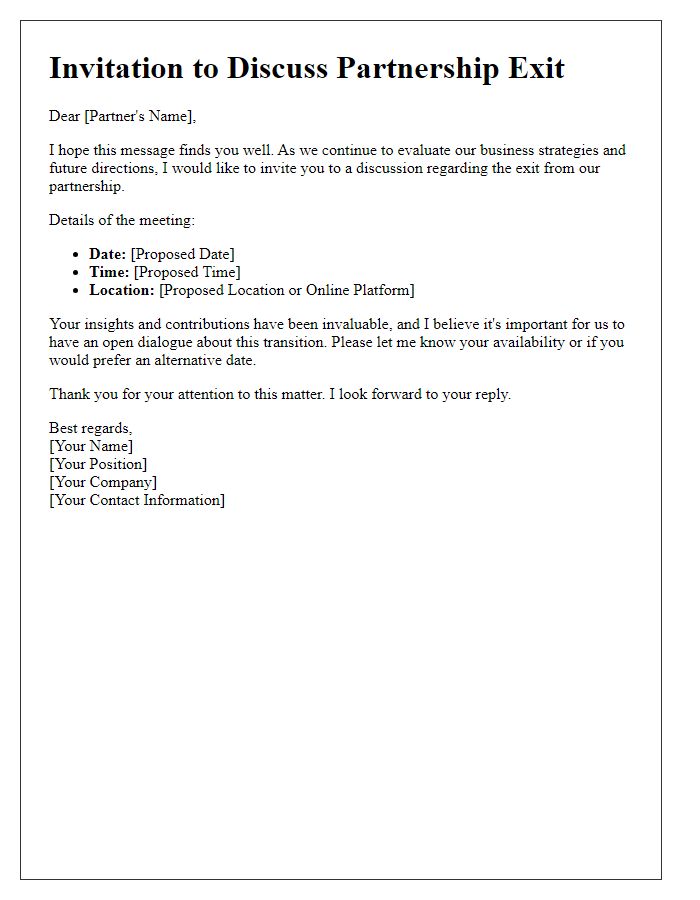 Letter template of discussion invitation for partnership exit