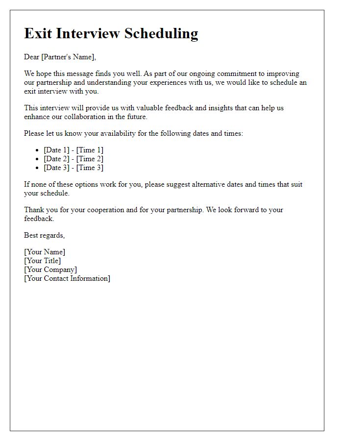 Letter template of scheduling an exit interview for partners